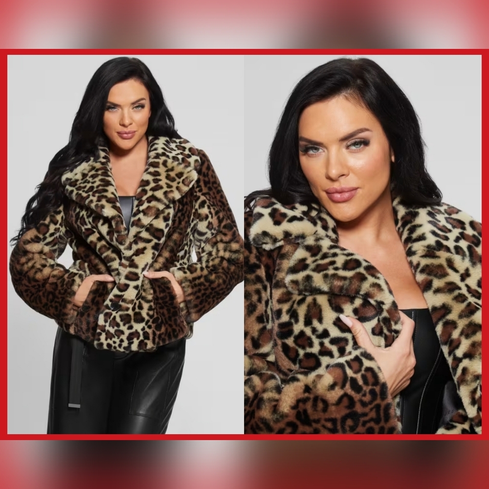 GUESS Leopard Faux Fur Coat Small NEW